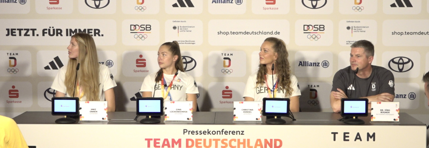 Titelbild Pressekonferenz mit Gina Lückenkemper, Imke Onnen, Christina Honsel u. Jörg Bogner