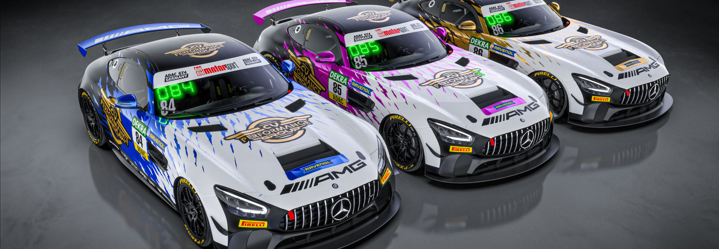 Blick auf die drei Mercedes-AMG GT4 der CV Performance Group