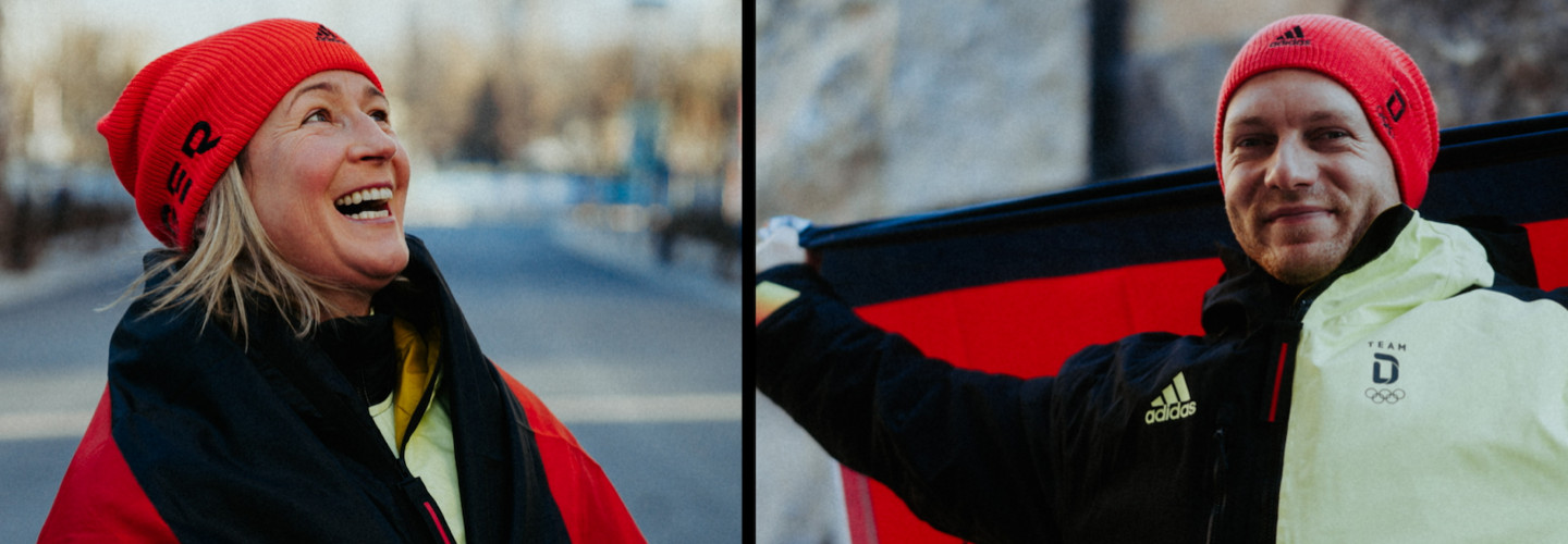 Die fünfmalige Eisschnelllauf-Olympiasiegerin Claudia Pechstein und Bob-Dominator Francesco Friedrich tragen bei der Eröffnungsfeier der Olympischen Winterspiele in Peking die deutsche Fahne.