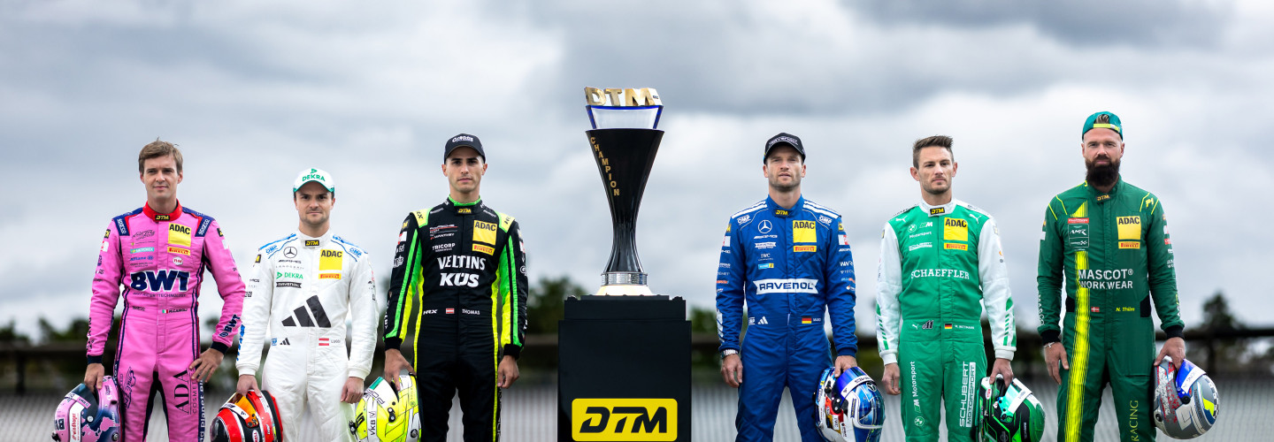 Die DTM-Titelkandidaten Matteo Cairoli, Lucas Auer, Thomas Preining, Maro Engel, Marco Wittmann und Nicki Thiim (l-r)