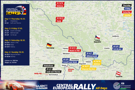 Rund 310 WP-Kilometer umfassen die Wertungsprüfungen der Central European Rally in diesem Jahr. Erstmals absolviert die WRC dabei am Freitag Prüfungen in drei unterschiedlichen Ländern