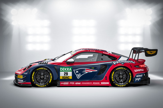 Der Porsche 911 GT3 R von Land-Motorsoprt trägt das markante Patriots-Logo auf den Türen